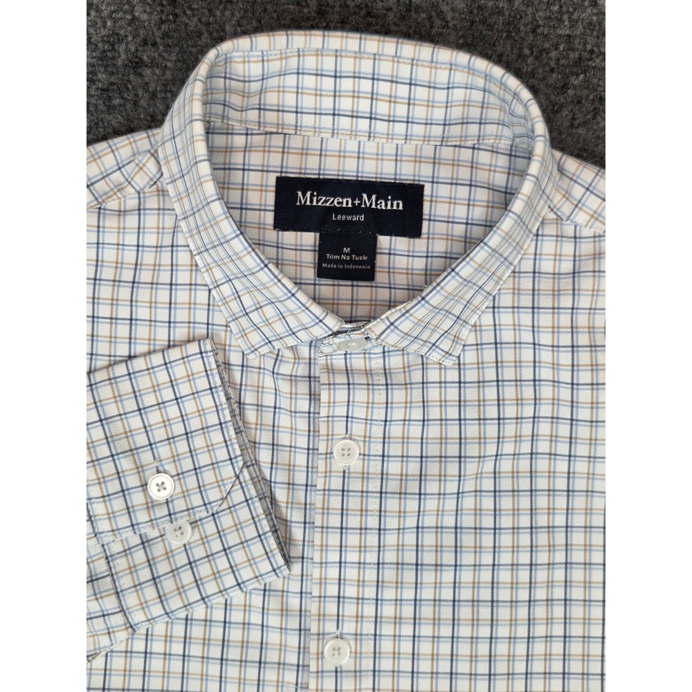 Mizzen+Main Leeward Trim No Tuck Check Button Down Shirt Mens Medium Blue Tan